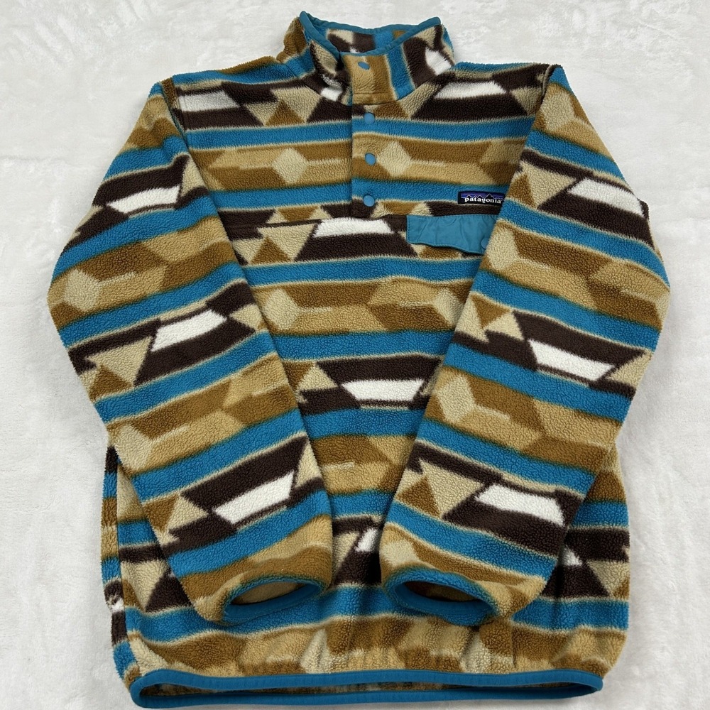 Patagonia Synchilla Fleece Pullover Womens XS Blue Brown Geometric Snap-T